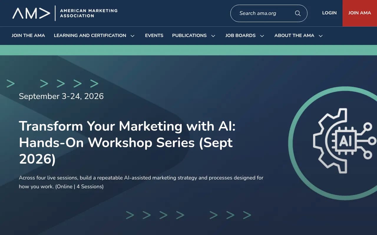 The AMA four-session hands-on AI marketing workshop page showing the cohort format and schedule