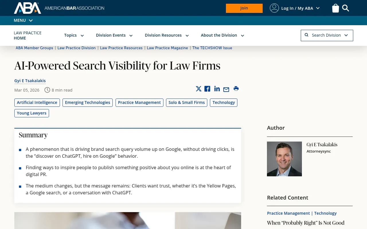 American Bar Association article on AI-powered search visibility for law firms