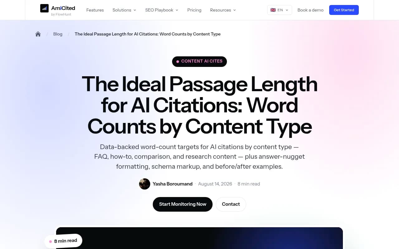 Am I Cited guide on ideal passage length for AI citations, with word counts by content type