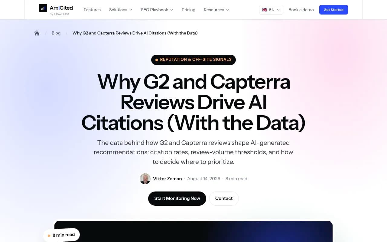 Am I Cited article on how G2 and Capterra reviews relate to AI citations