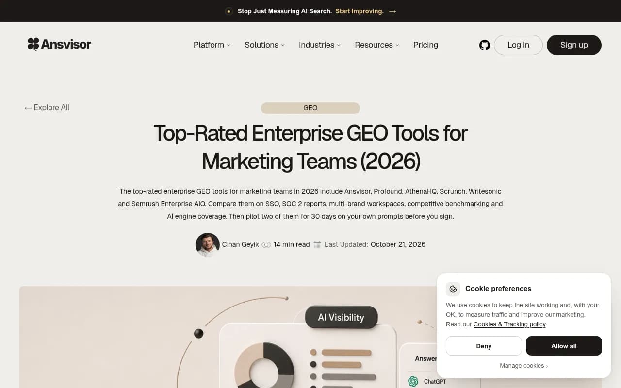 Ansvisor's enterprise GEO tools roundup, which lists SSO, role-based access, audit logs and SOC 2 Type II as the baseline for security review