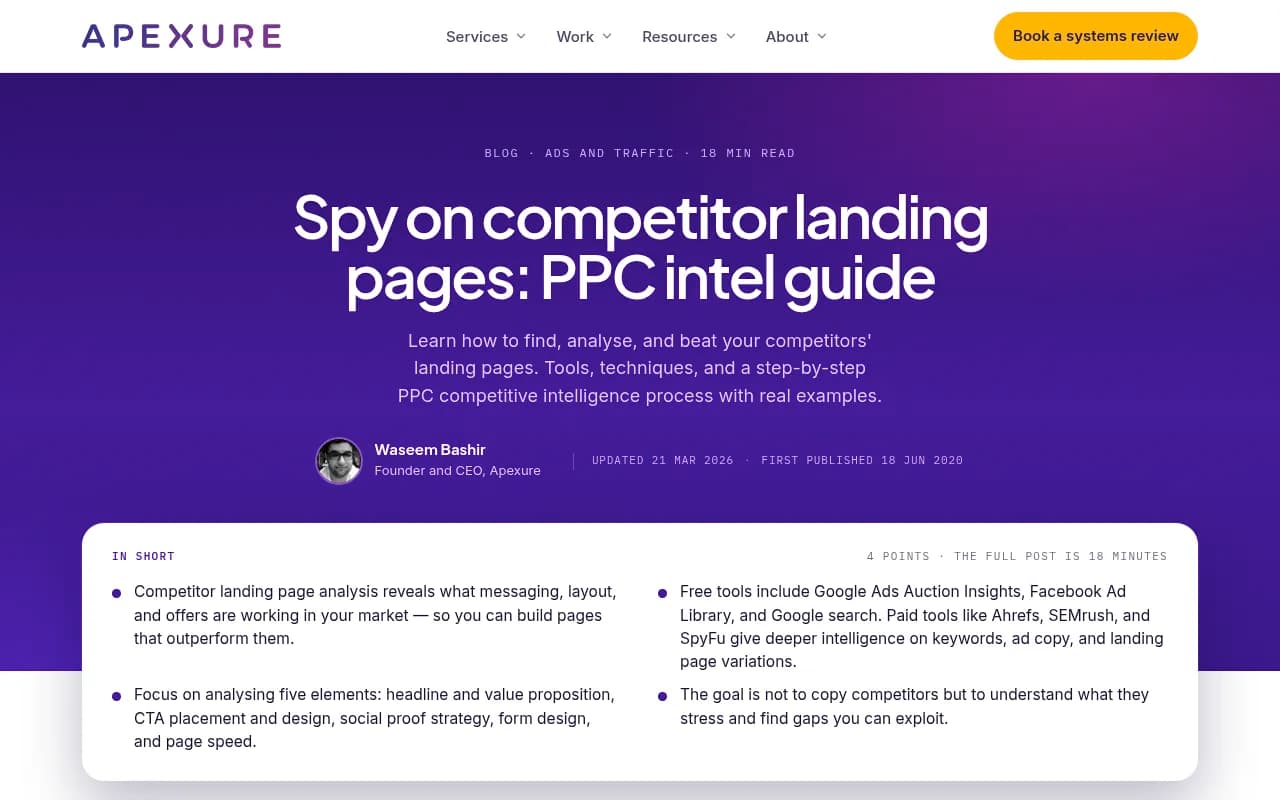 Apexure guide on spying on competitor landing pages