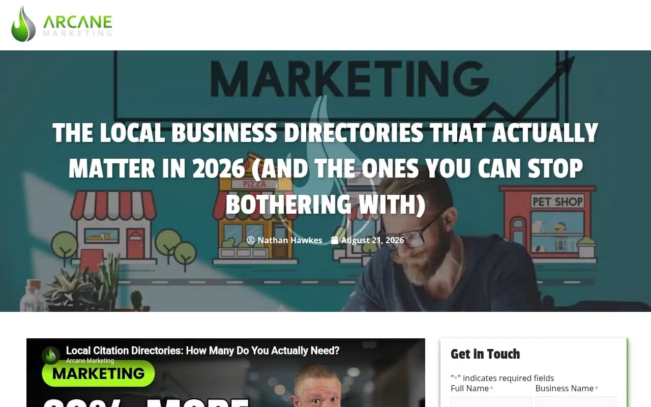 Screenshot of a 2026 local citation directory guide from Arcane Marketing