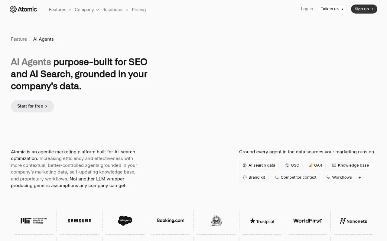 Atomic AGI's AI agents feature page, showing its vertical SEO and AI search agents grounded in company data