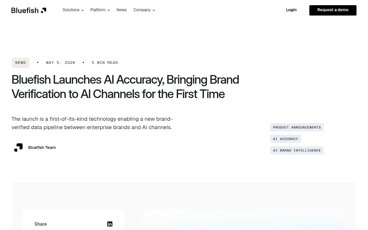 Bluefish's AI Accuracy launch announcement, describing brand verification across AI channels