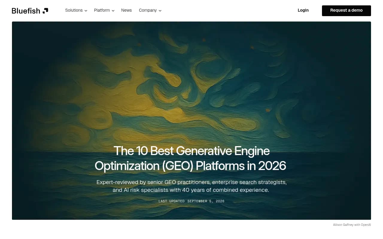 Bluefish's self-published listicle ranking the 10 best GEO platforms of 2026, which places Bluefish first and cites benchmark figures without a published methodology