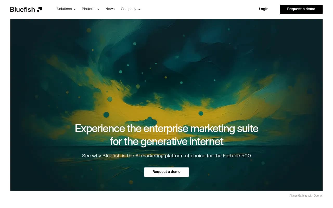 Bluefish AI's homepage showing its five-module enterprise positioning for Fortune 500 marketers