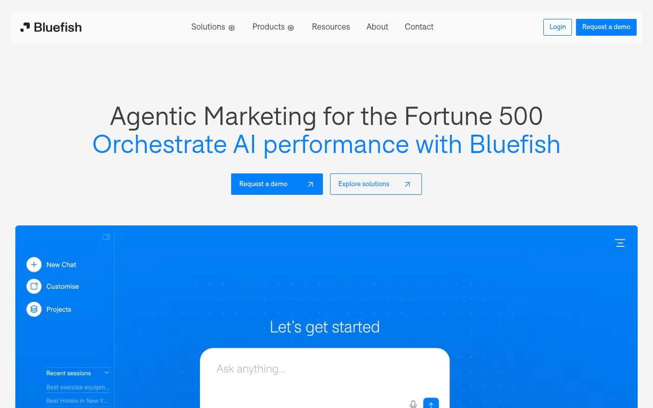 Bluefish AI homepage showing its agentic marketing platform positioning