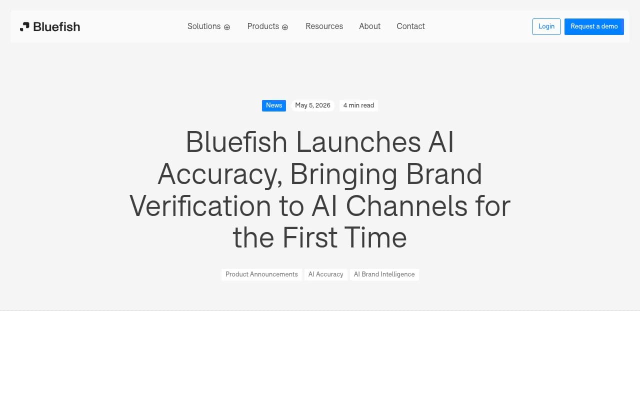 Bluefish's AI Accuracy product announcement describing Brand Vault and factual verification for AI channels
