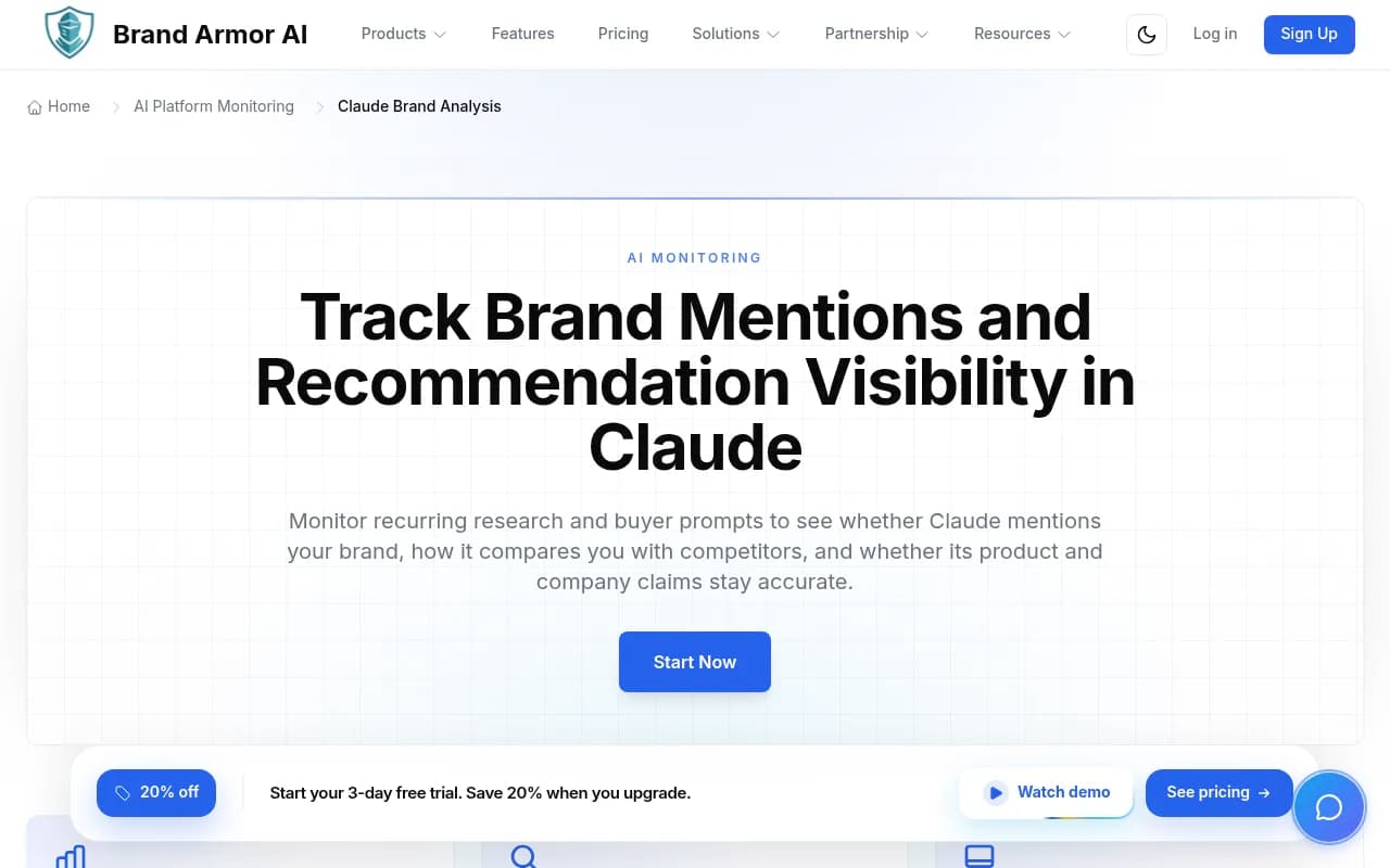 Claude visibility monitoring dashboard breaking mentions, citations, and traffic into separate evidence layers