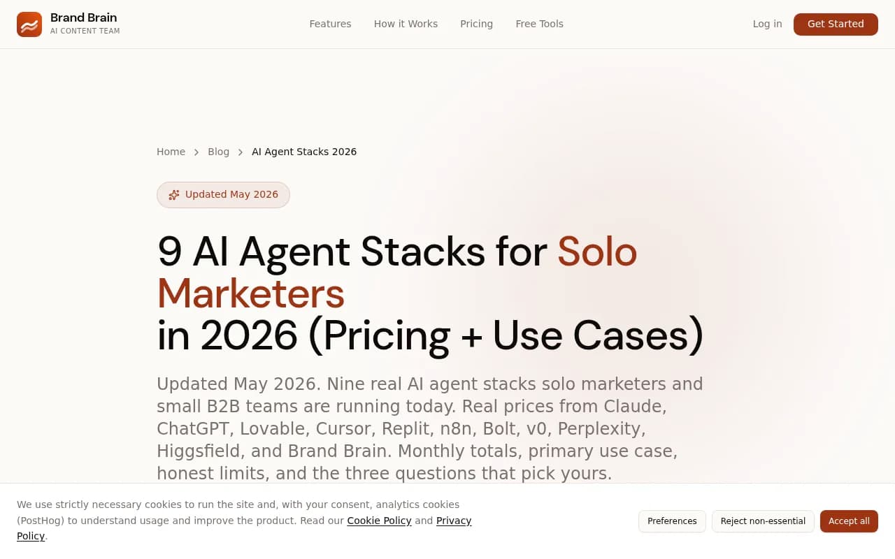 A breakdown of nine AI agent stacks solo marketers are running in 2026, organized by monthly cost and primary use case