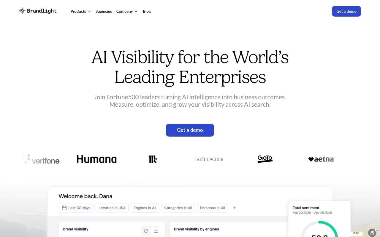 Brandlight.ai enterprise AI visibility platform homepage showing Fortune 500 customer logos