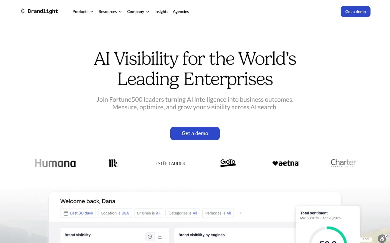 Brandlight's enterprise homepage featuring Fortune 500 customer logos like Volkswagen, LG, and Kimberly-Clark