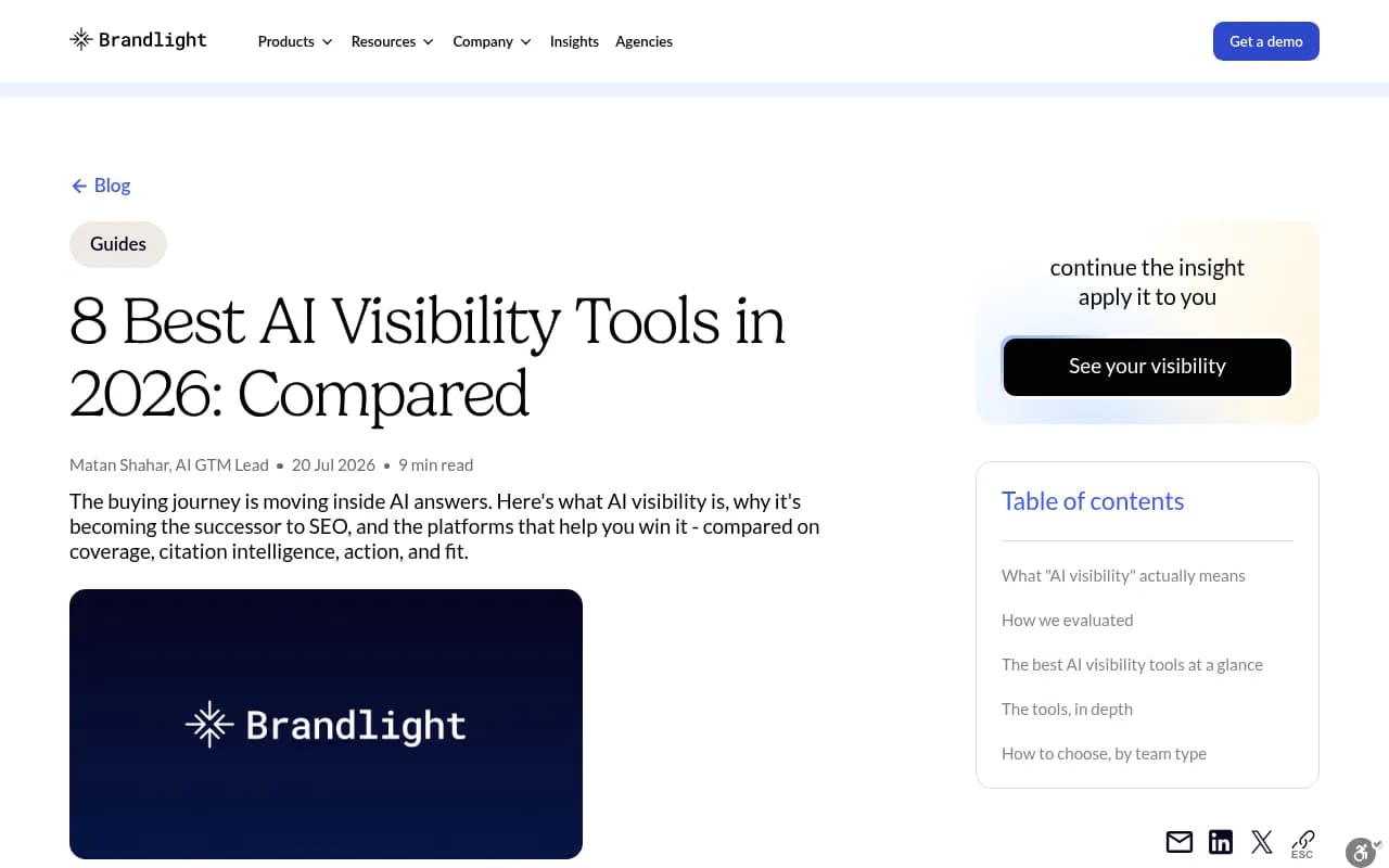 Brandlight's comparison of leading AI visibility tools, including its own positioning