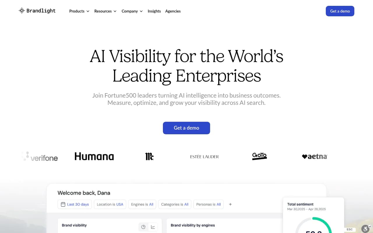 Brandlight's homepage showing its enterprise positioning and customer logos including Kimberly-Clark and Estée Lauder