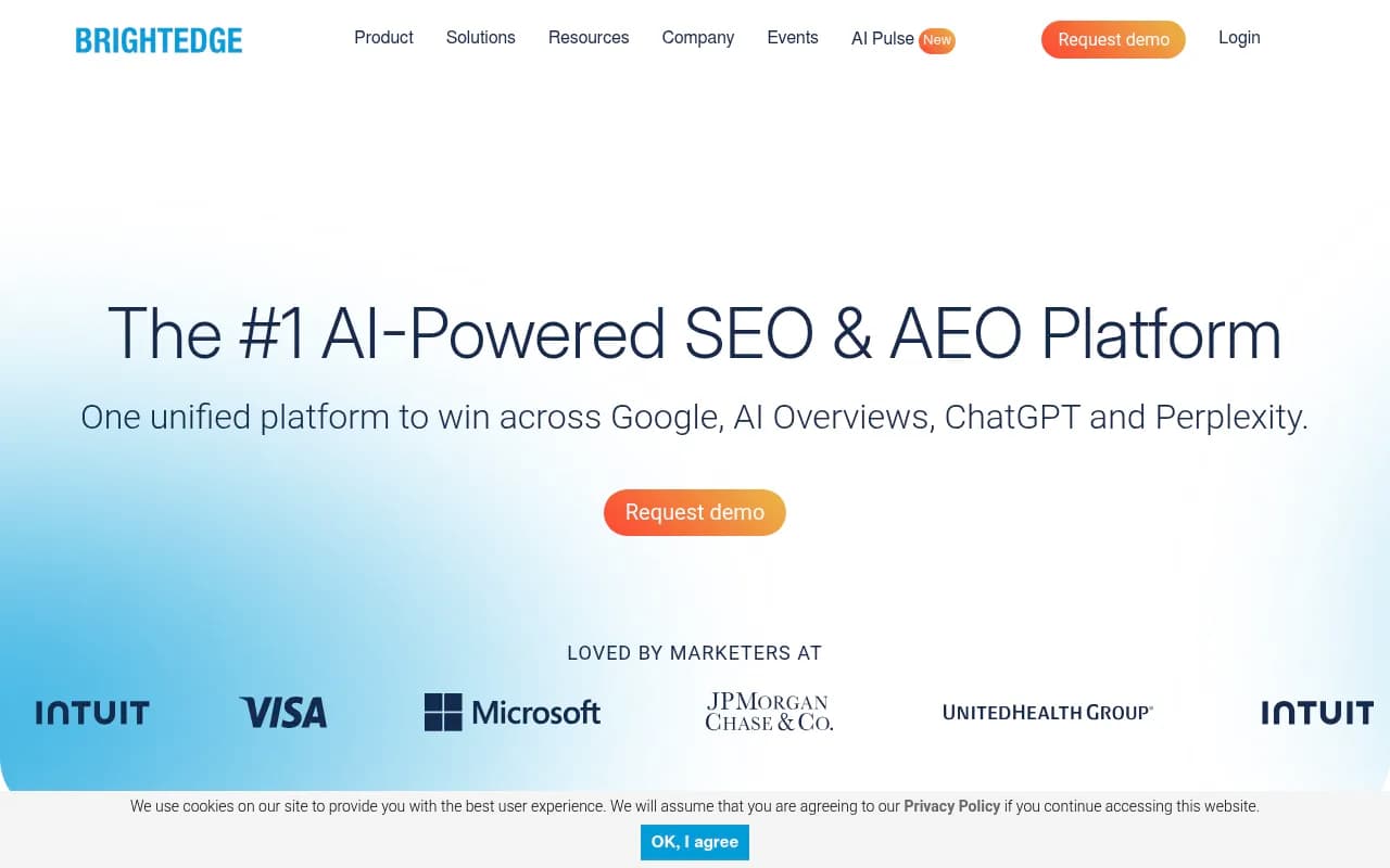 BrightEdge homepage showing its AI-powered SEO and AEO platform positioning