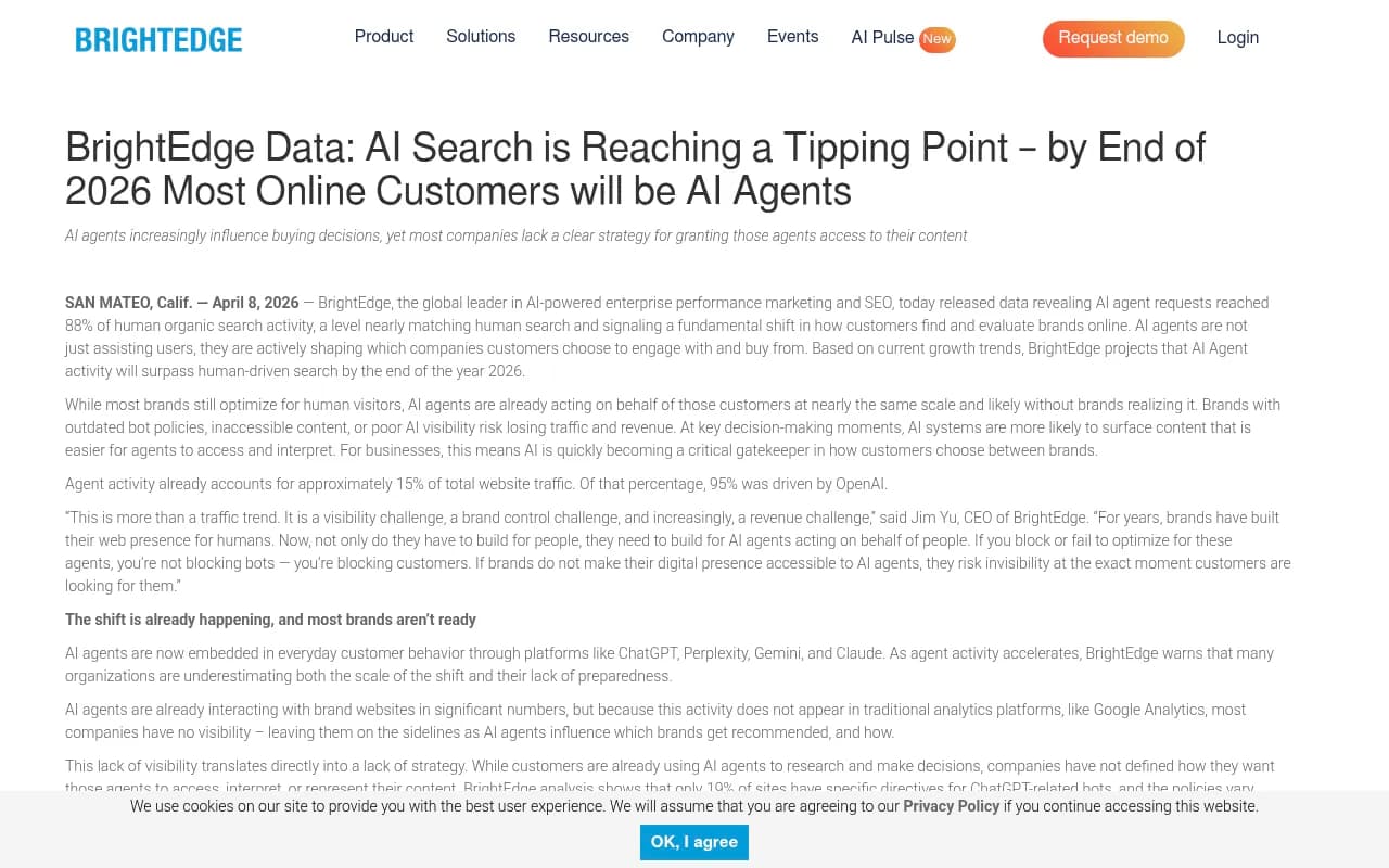 BrightEdge data showing AI search reaching a tipping point in 2026