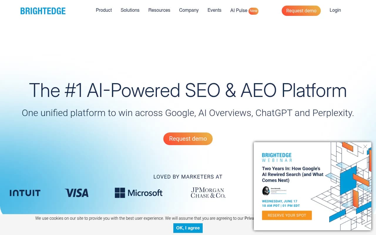 BrightEdge enterprise SEO platform homepage showing AI search visibility positioning