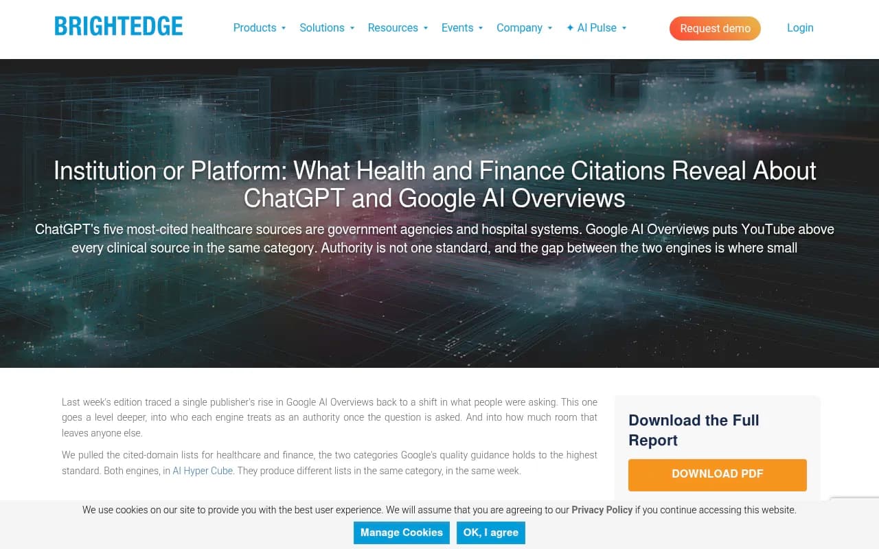 BrightEdge analysis of health and finance citations across ChatGPT and Google AI Overviews