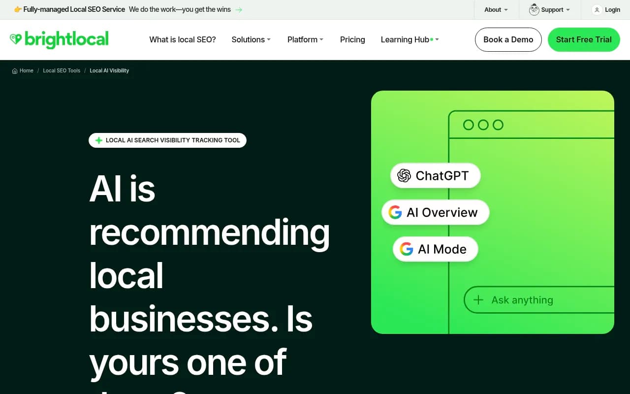 BrightLocal's Local AI Visibility page showing per-location scores, prompts and competitor comparison