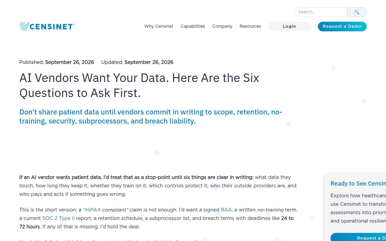 Censinet's six questions to ask AI vendors before sharing data