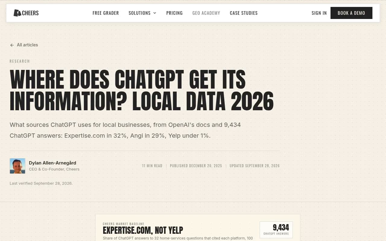 Cheers research page showing the share of ChatGPT local answers citing each platform, August 31 to September 20, 2026