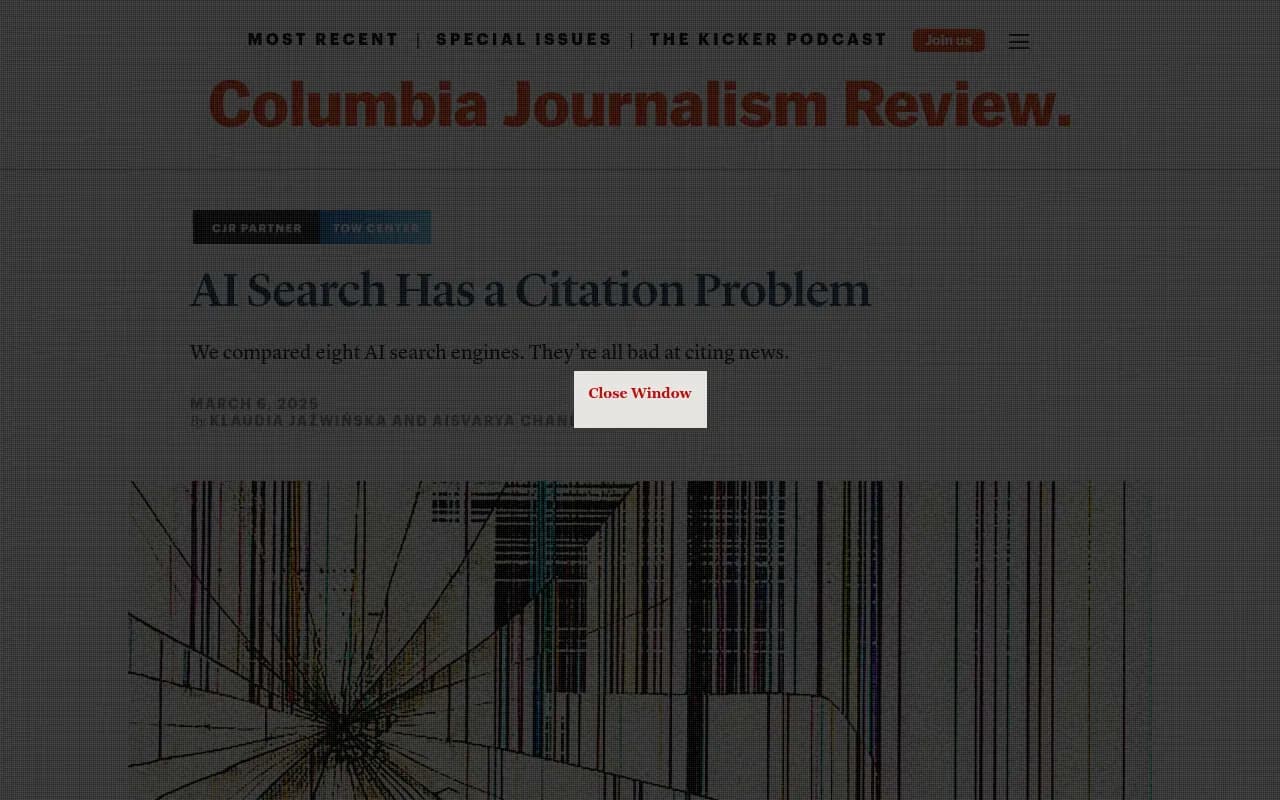 Columbia Journalism Review's Tow Center study on AI search citation failures