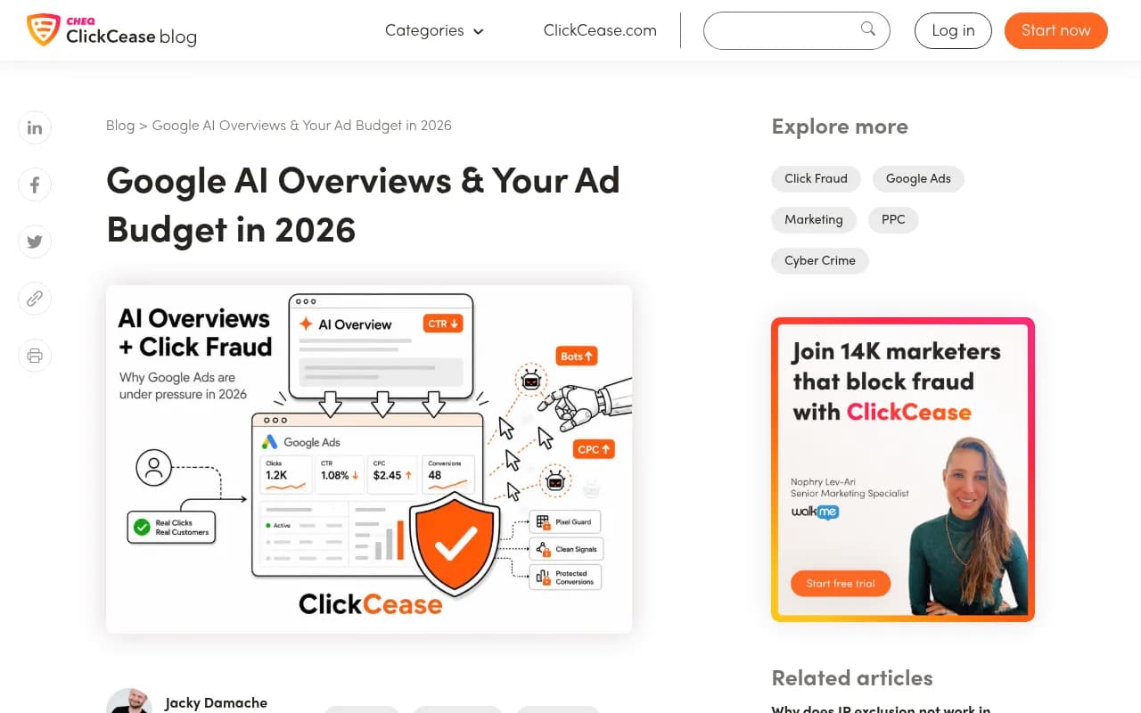 ClickCease blog post on AI Overviews and ad budgets