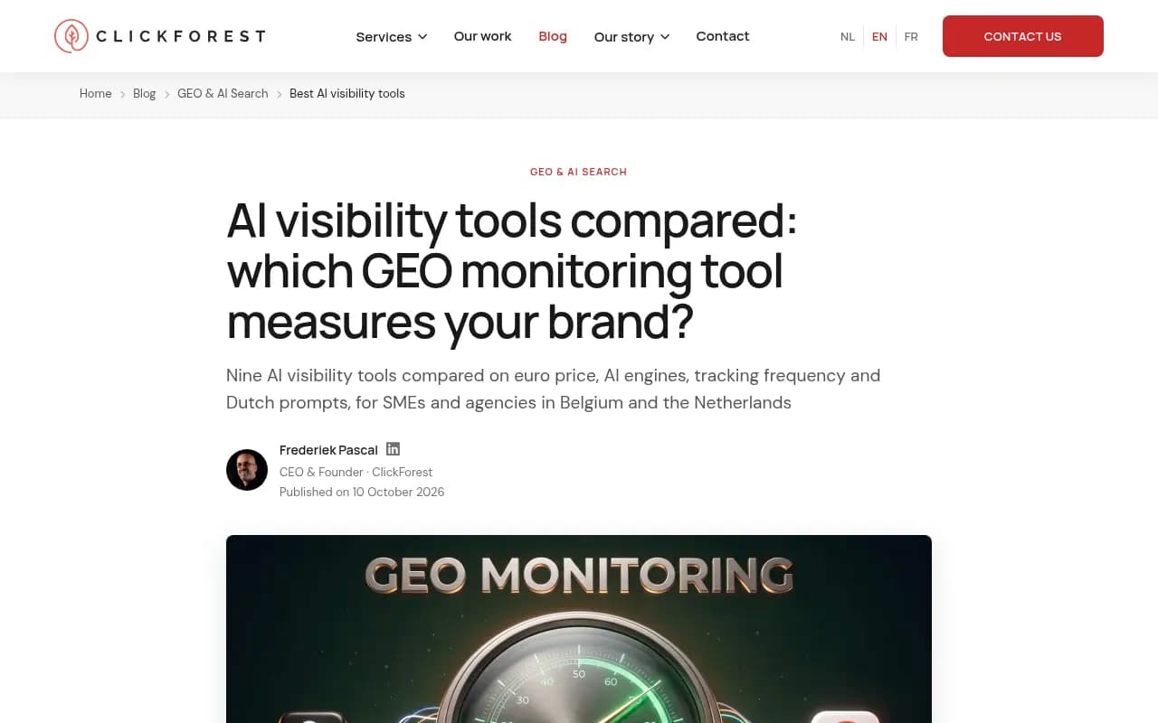 ClickForest's comparison of AI visibility tools, including Dutch and French language support