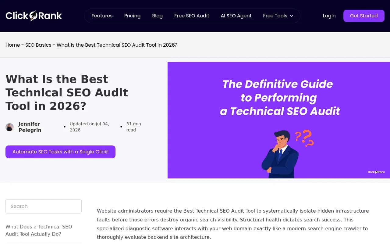 Screenshot of the ClickRank guide to technical SEO audit tools