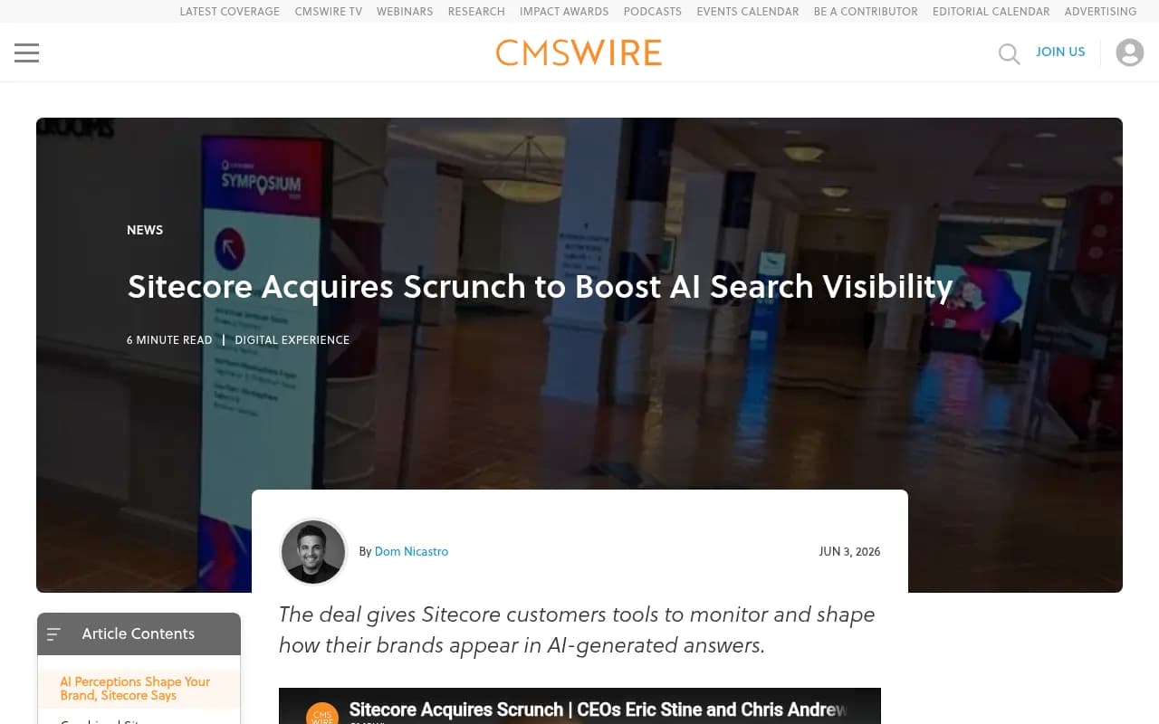 CMSWire's coverage of the acquisition, framing it as adding tools for brands to monitor and shape AI-generated answers