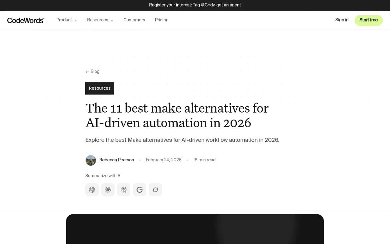 CodeWords' roundup of Make alternatives, showing its conversational-automation framing