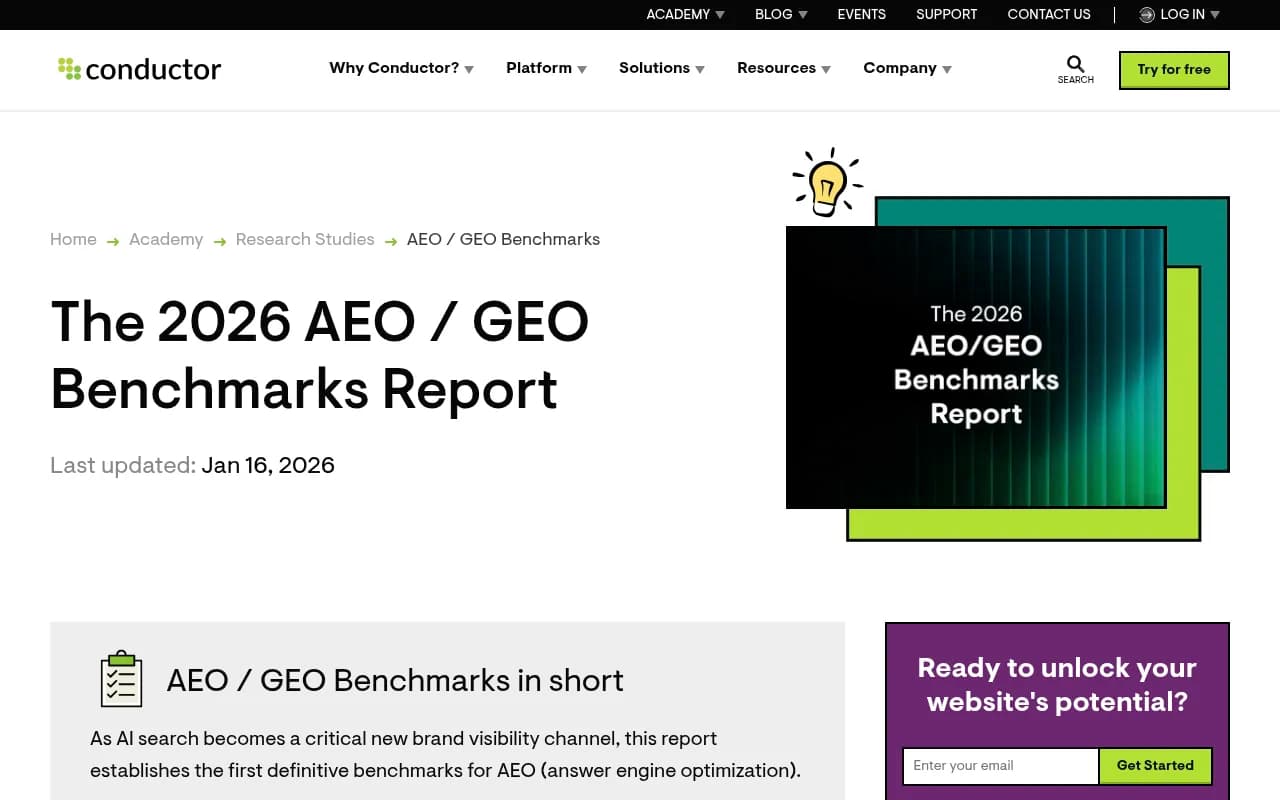Conductor's 2026 AEO/GEO Benchmarks Report showing AI search as a parallel visibility surface for enterprise brands