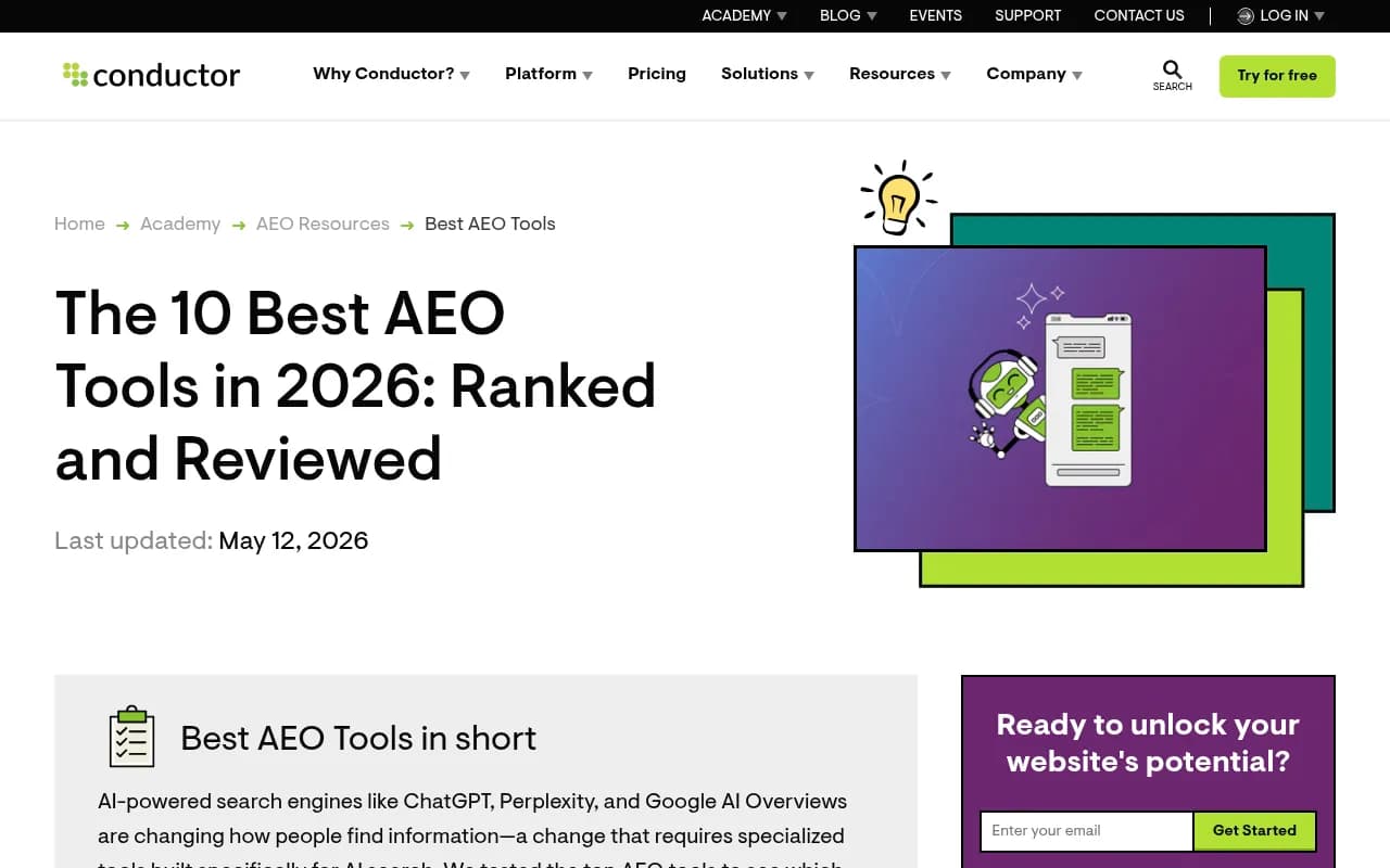 Conductor's AEO tool rankings page showing platform comparisons