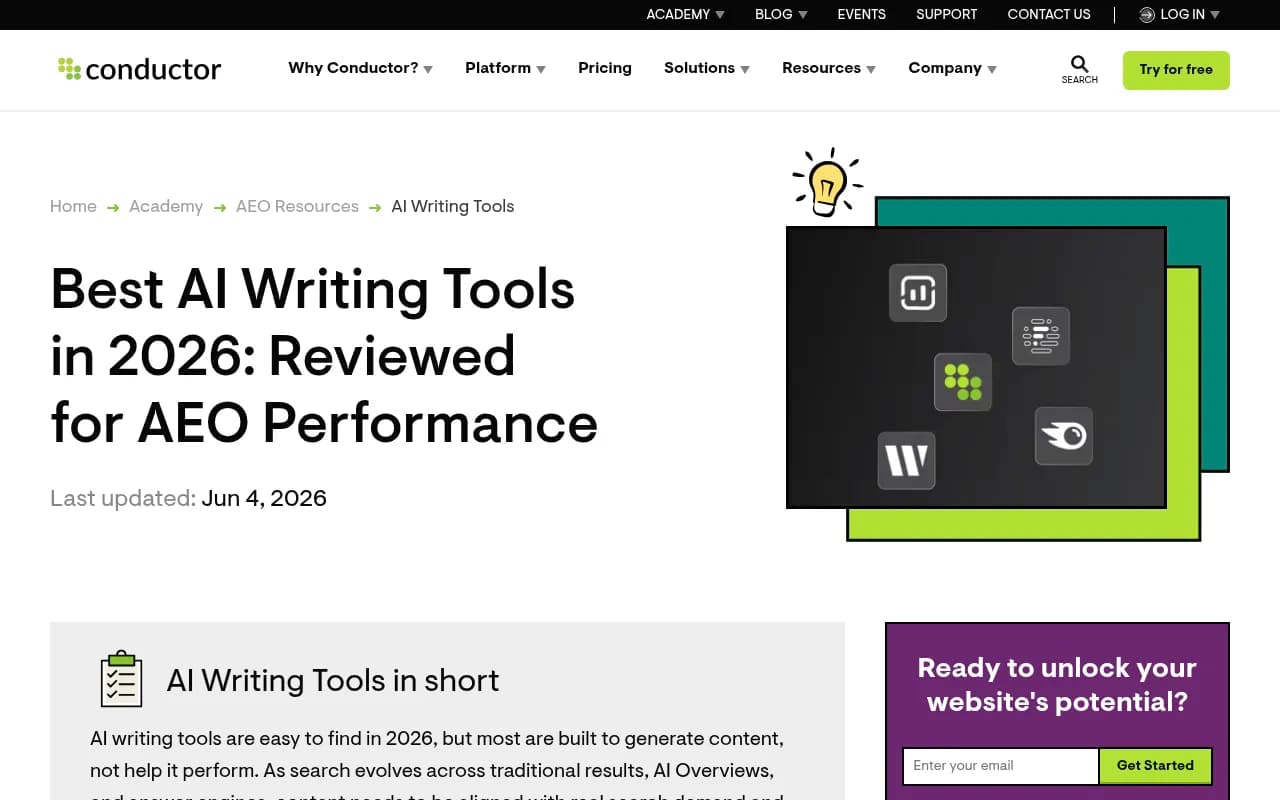 Conductor's 2026 review of AI writing tools for AEO performance