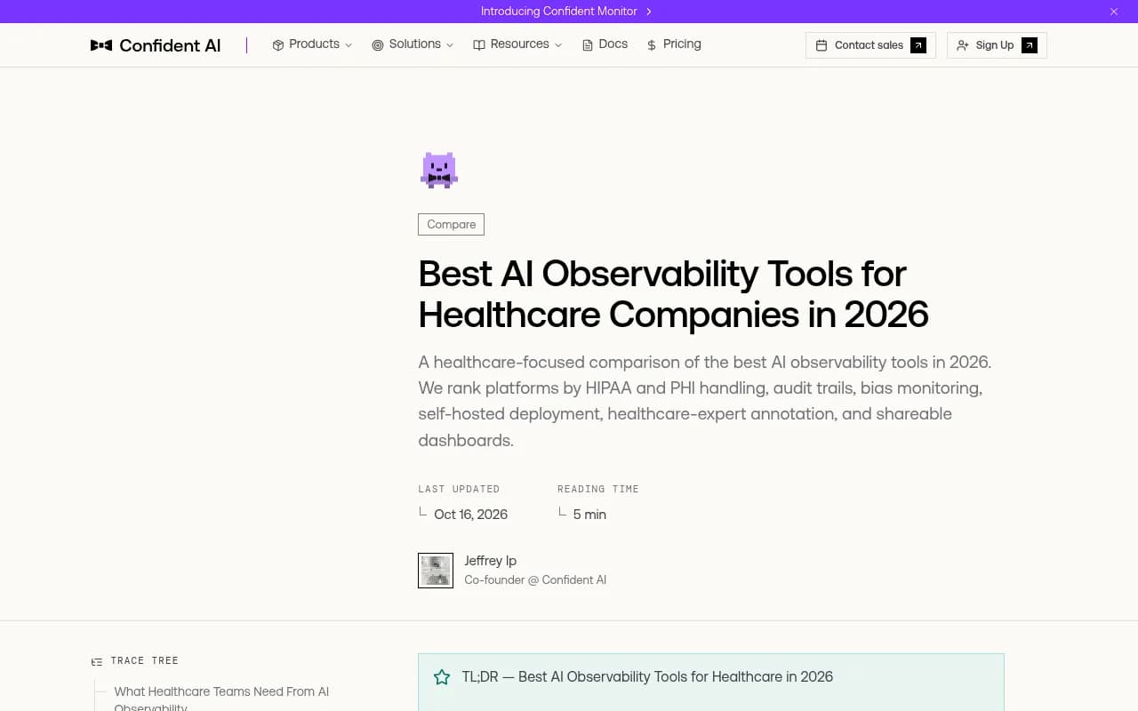 Confident AI's guide to AI observability tools for healthcare, a separate category from AI visibility