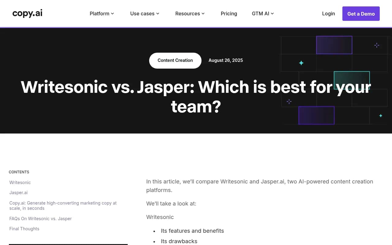 Comparison of Jasper vs Writesonic features and positioning