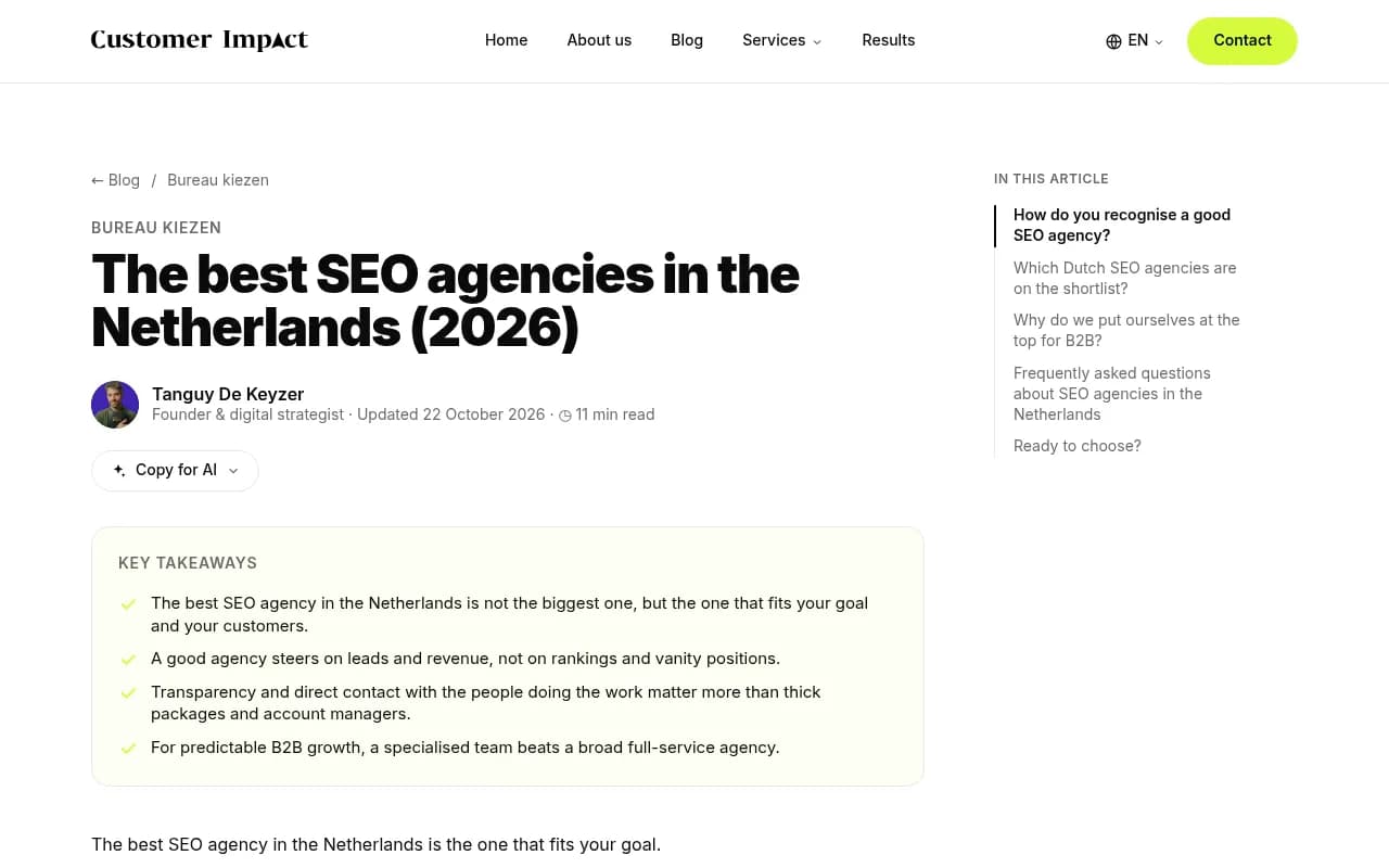 Customer Impact's 2026 comparison of Dutch SEO agencies, useful for seeing how agencies position themselves