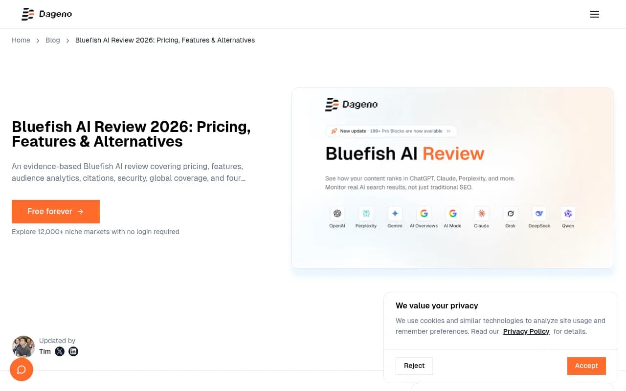 Bluefish AI review covering pricing, audience analytics, and feature breakdown