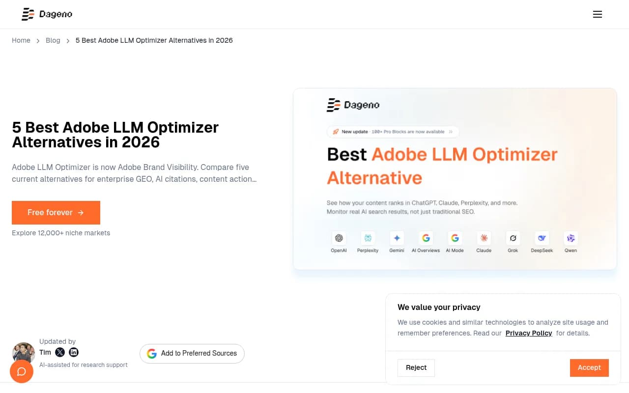 Dageno's Adobe LLM Optimizer alternatives article