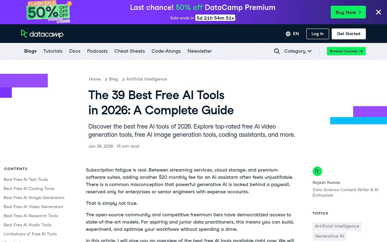 DataCamp's overview of free AI tools in 2026 -- useful context for the broader free AI tool landscape