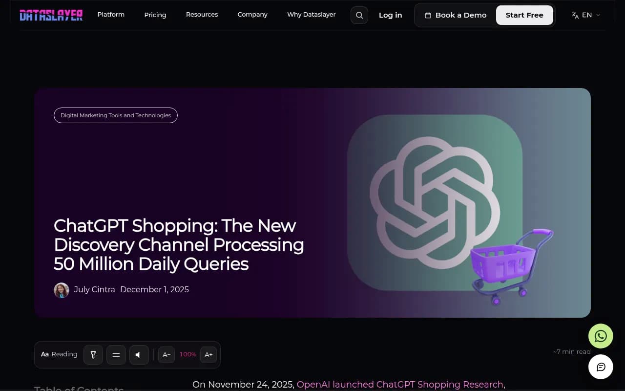 ChatGPT Shopping article showing the scale of daily shopping queries and how product discovery has shifted inside the chat interface