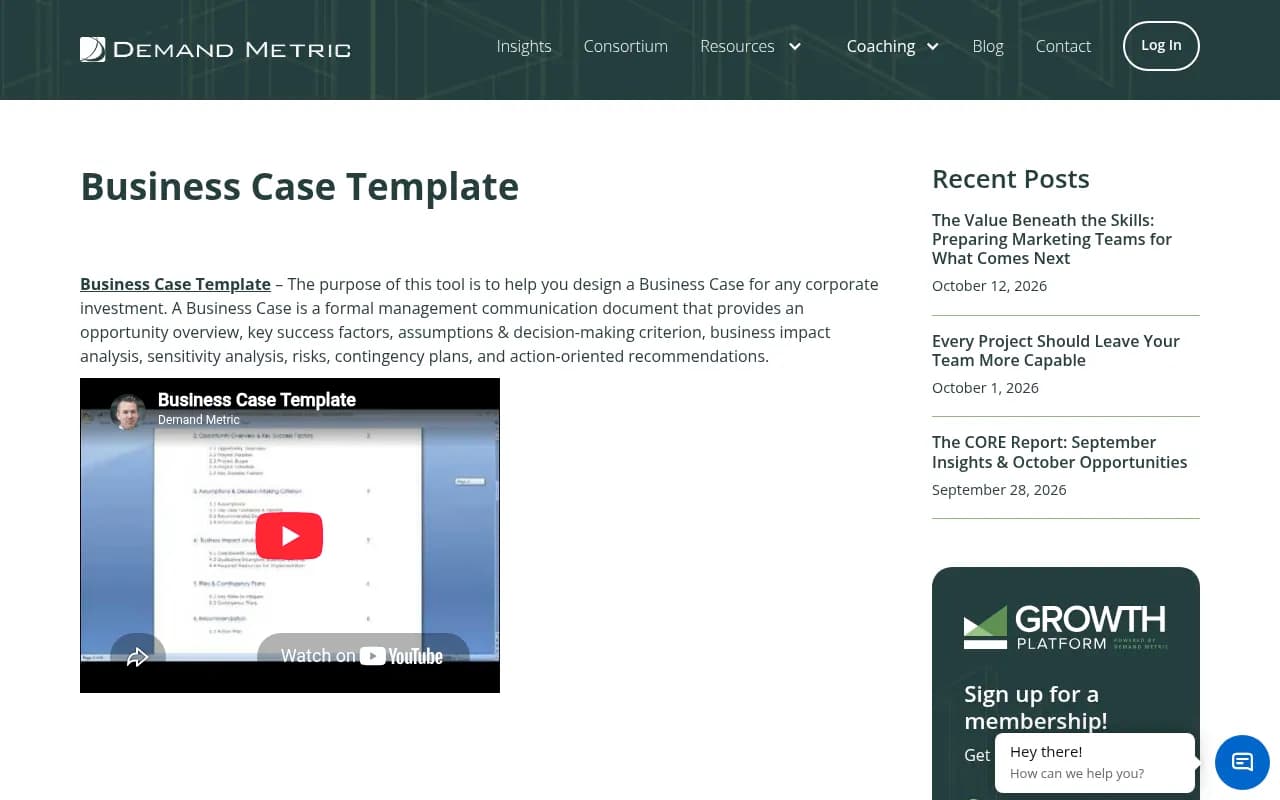 Demand Metric's business case template page, showing the formal sections a finance-minded reviewer expects
