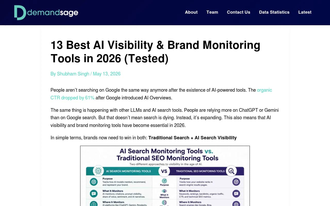Overview of 13 AI visibility and brand monitoring tools tested in 2026, showing features and pricing