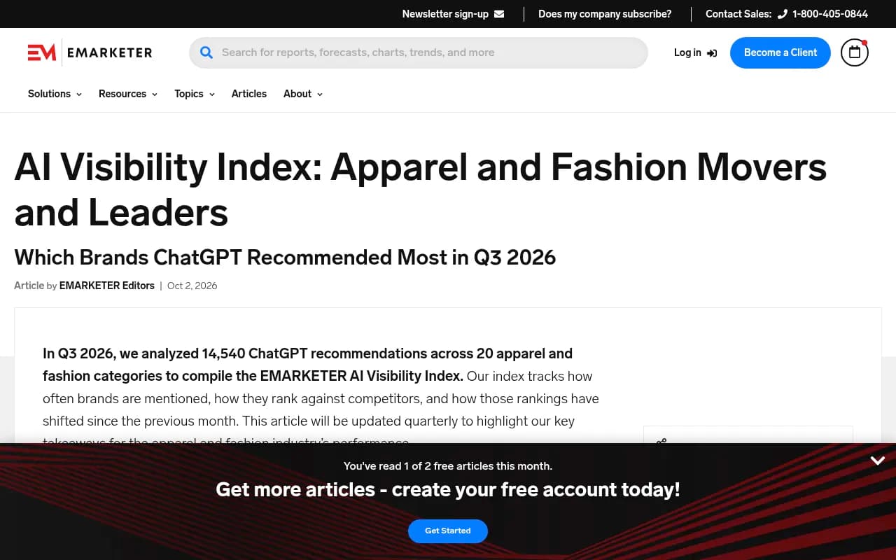 EMARKETER AI Visibility Index page for apparel and fashion movers and leaders