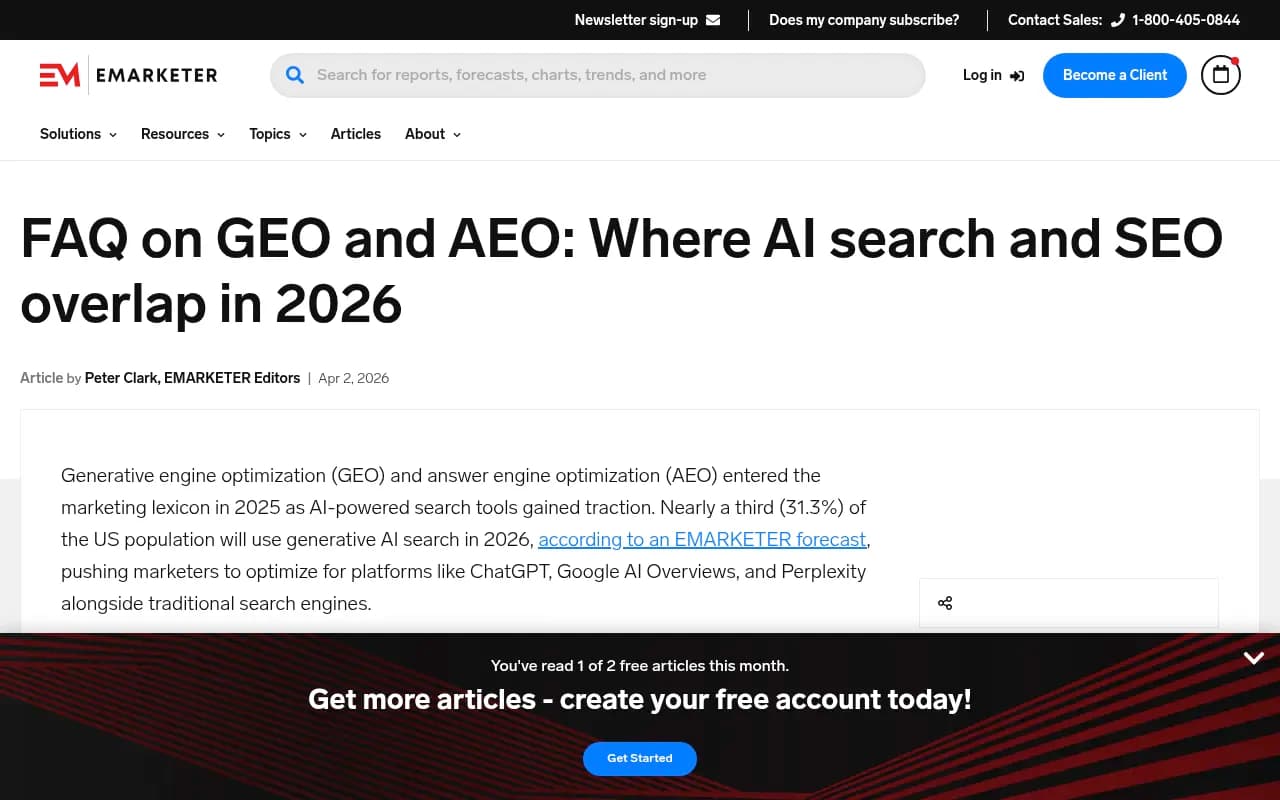 EMARKETER FAQ page on GEO and AEO and where AI search and SEO overlap in 2026