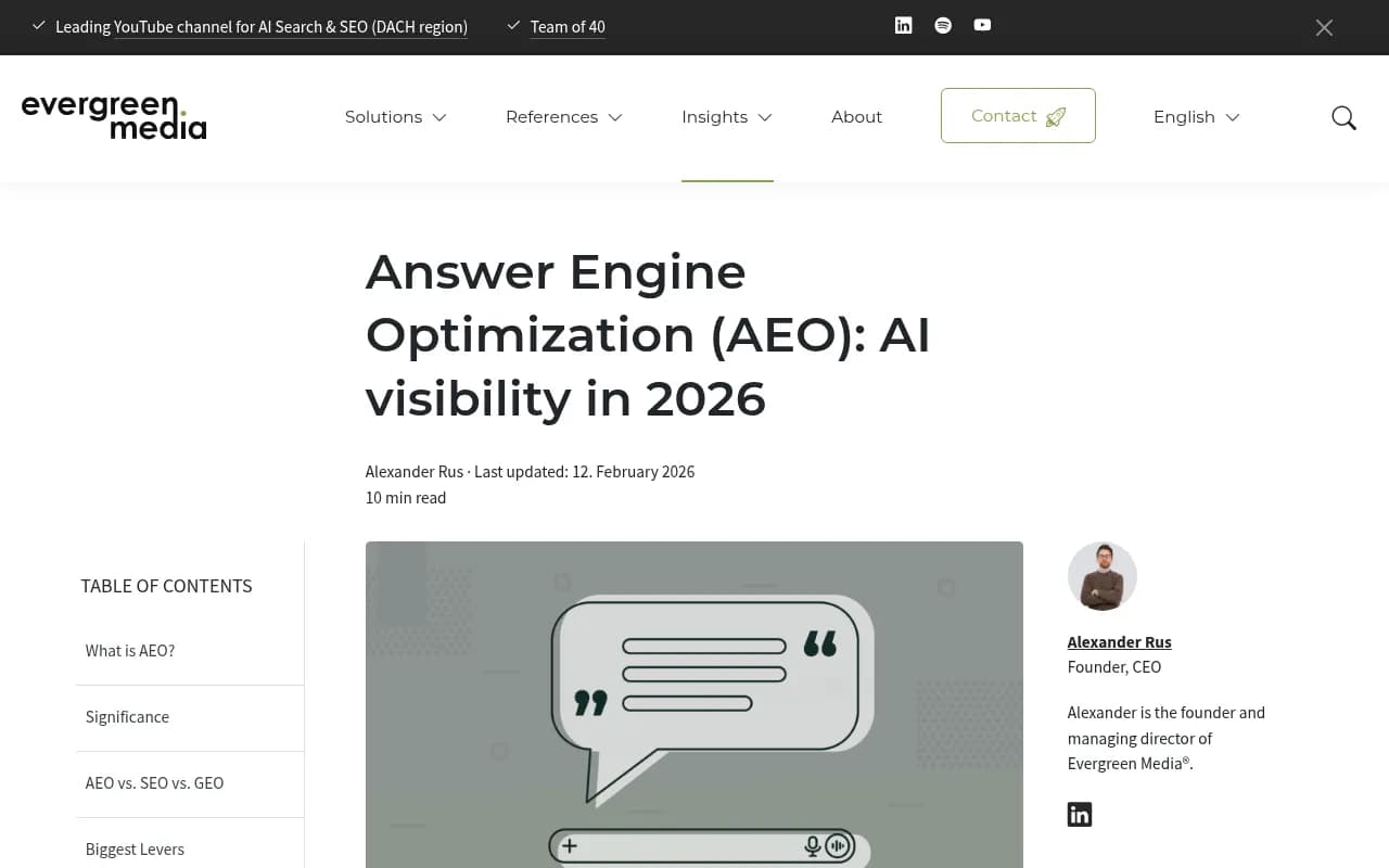Answer Engine Optimization guide from Evergreen Media showing AEO vs SEO distinctions and key platform differences