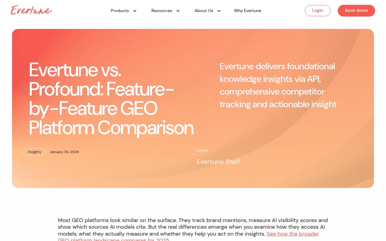 Evertune vs Profound feature-by-feature comparison page showing their dual-layer measurement approach