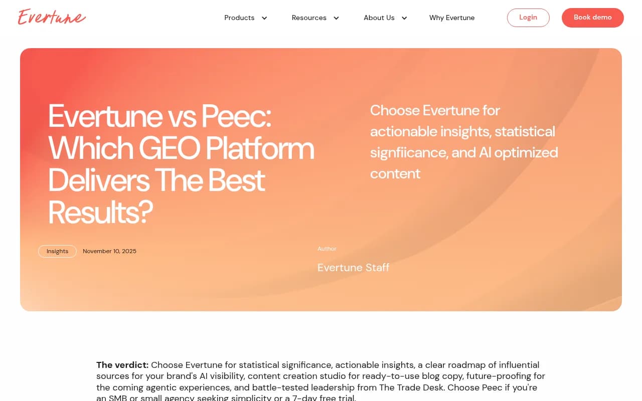 Evertune vs Peec comparison page on evertune.ai showing feature breakdown and verdict