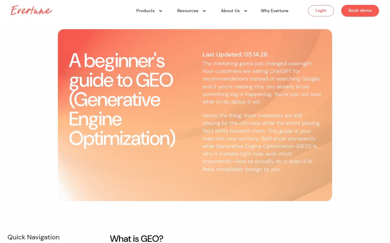 GEO beginner's guide overview from Evertune showing the shift from traditional search to AI-generated recommendations